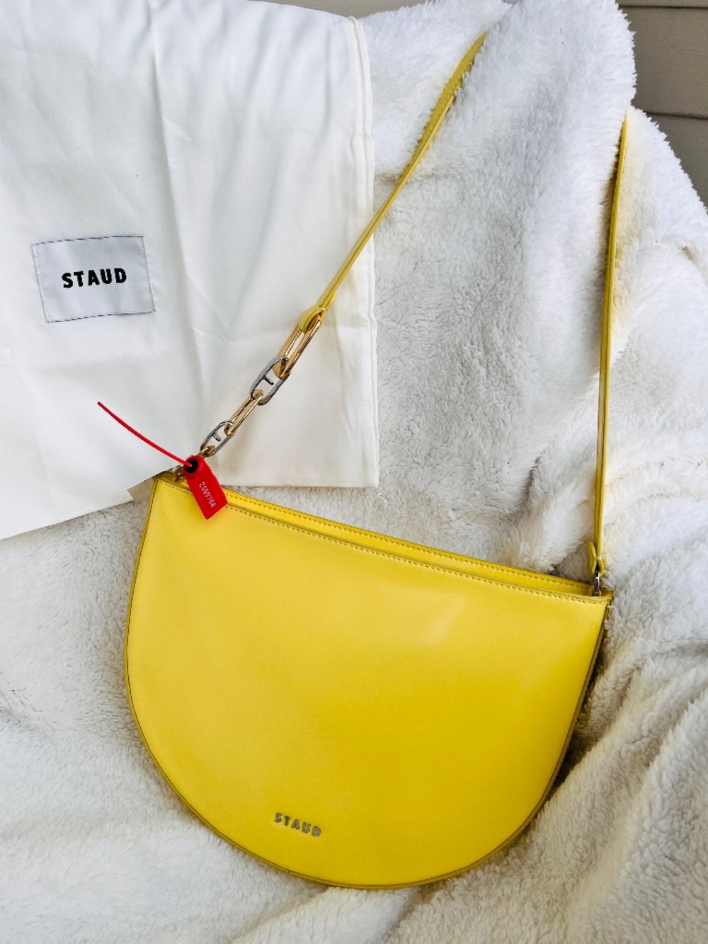 STAUD Colt Shoulder Bag Yellow Polished Leather Gold Hardware Dust Bag $545CA